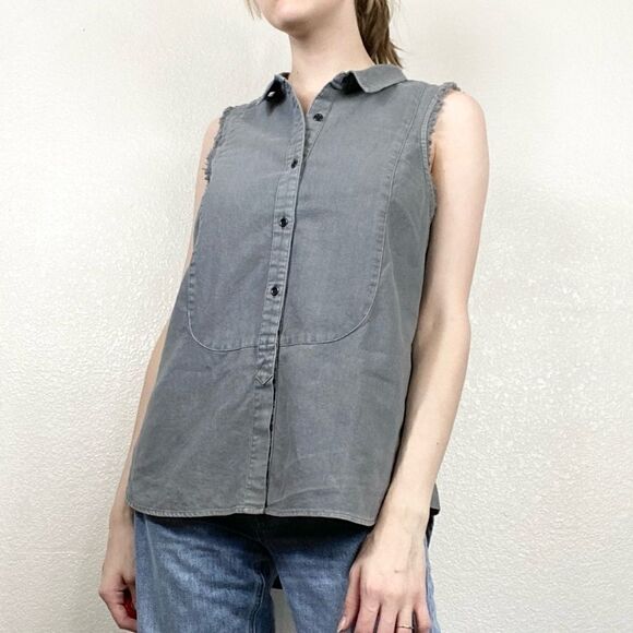 Free People Grey Distressed Linen Button Up Sleeveless Top - Picture 1 of 10
